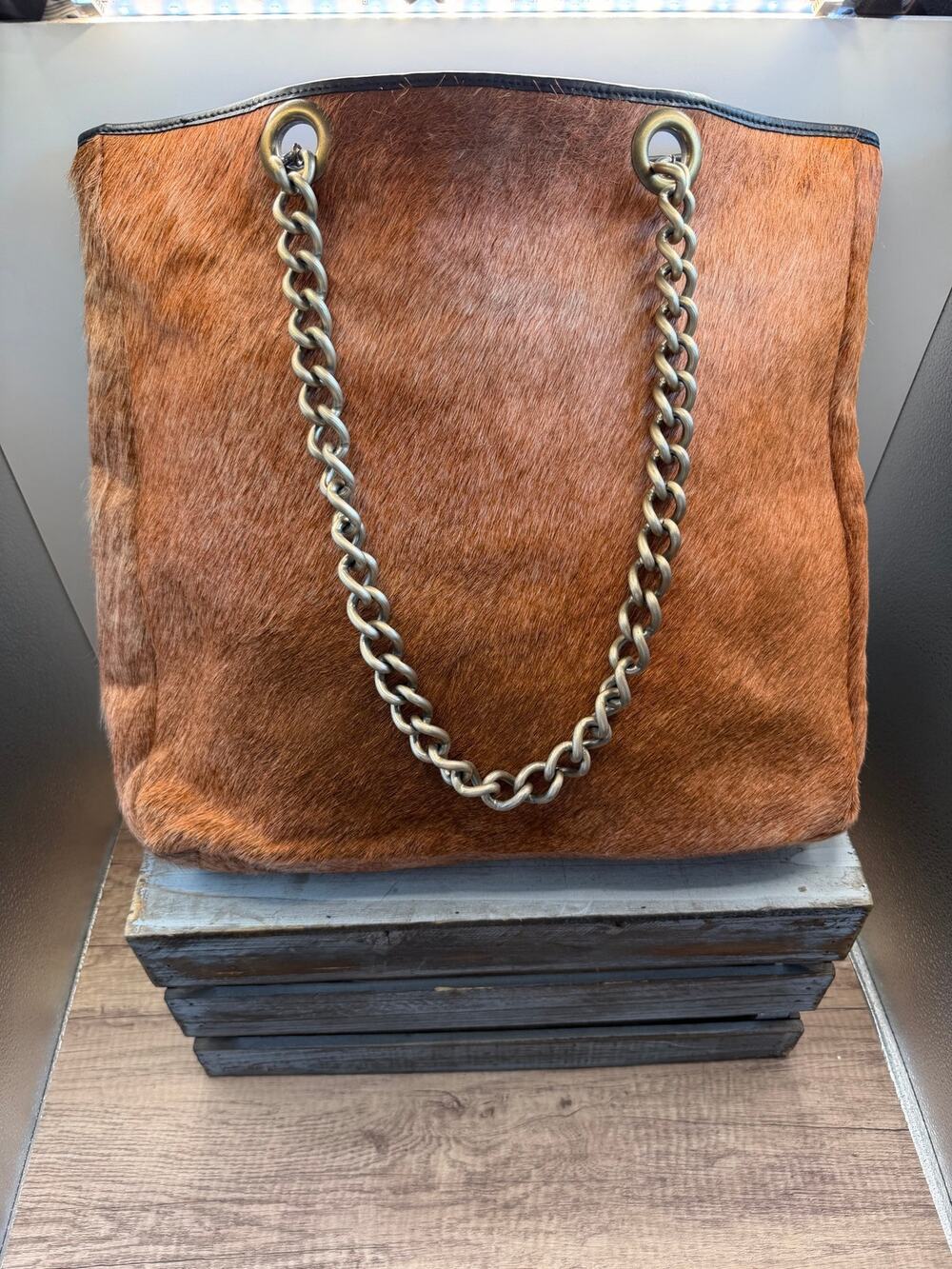 Maurizio Taiuti Brown Hair On Hide Leather Tote Bag w/Chain Strap-Made In Italy